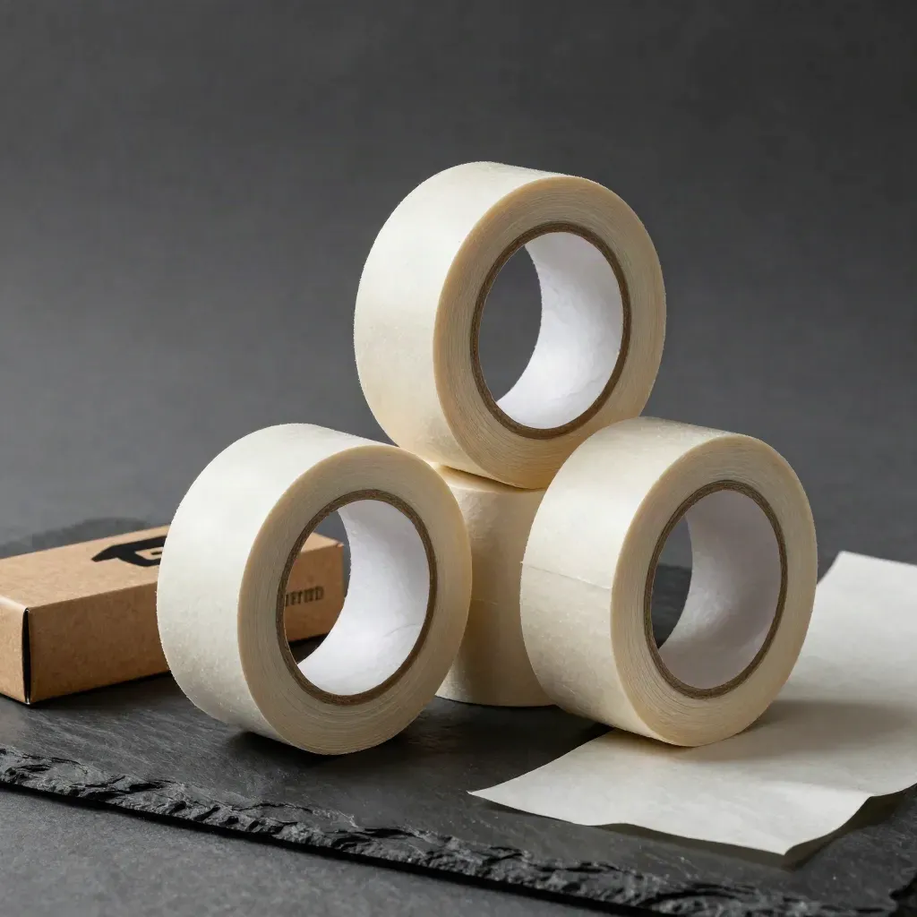 Three packing tape rolls with kraft cutter box on dark slate, close-up product shot.