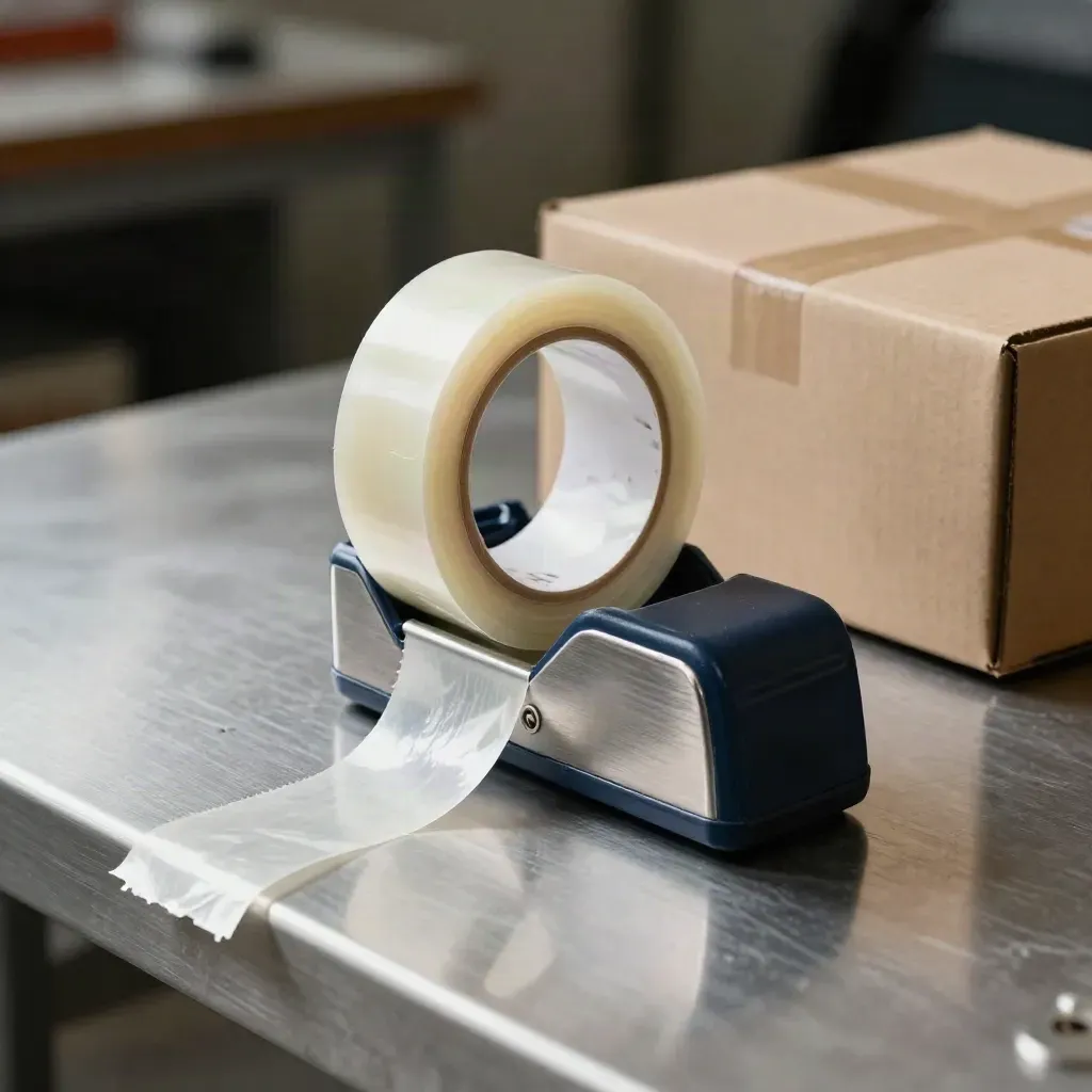 Tape dispenser mid-pull beside a kraft box on a brushed metal surface, with a navy accent.