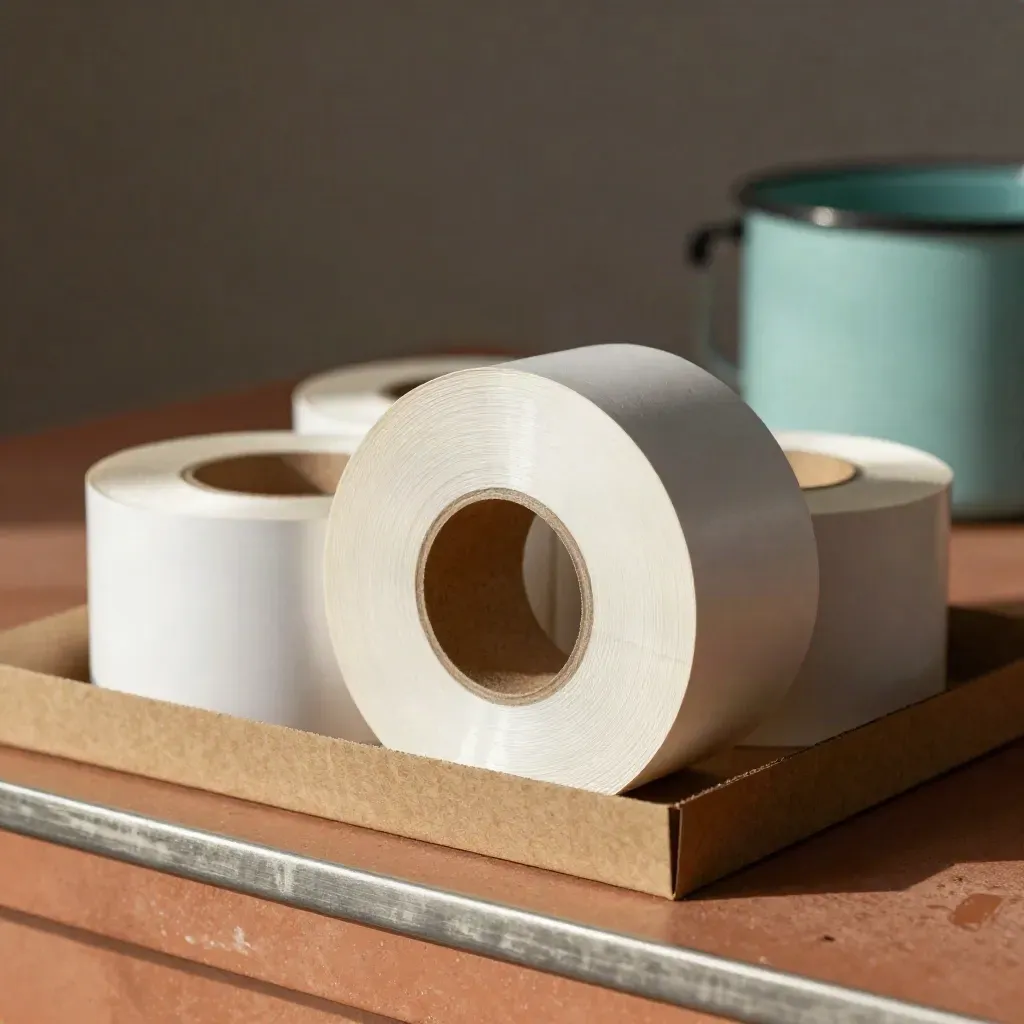 Thermal shipping label rolls stacked on a terracotta ledge with a soft teal accent