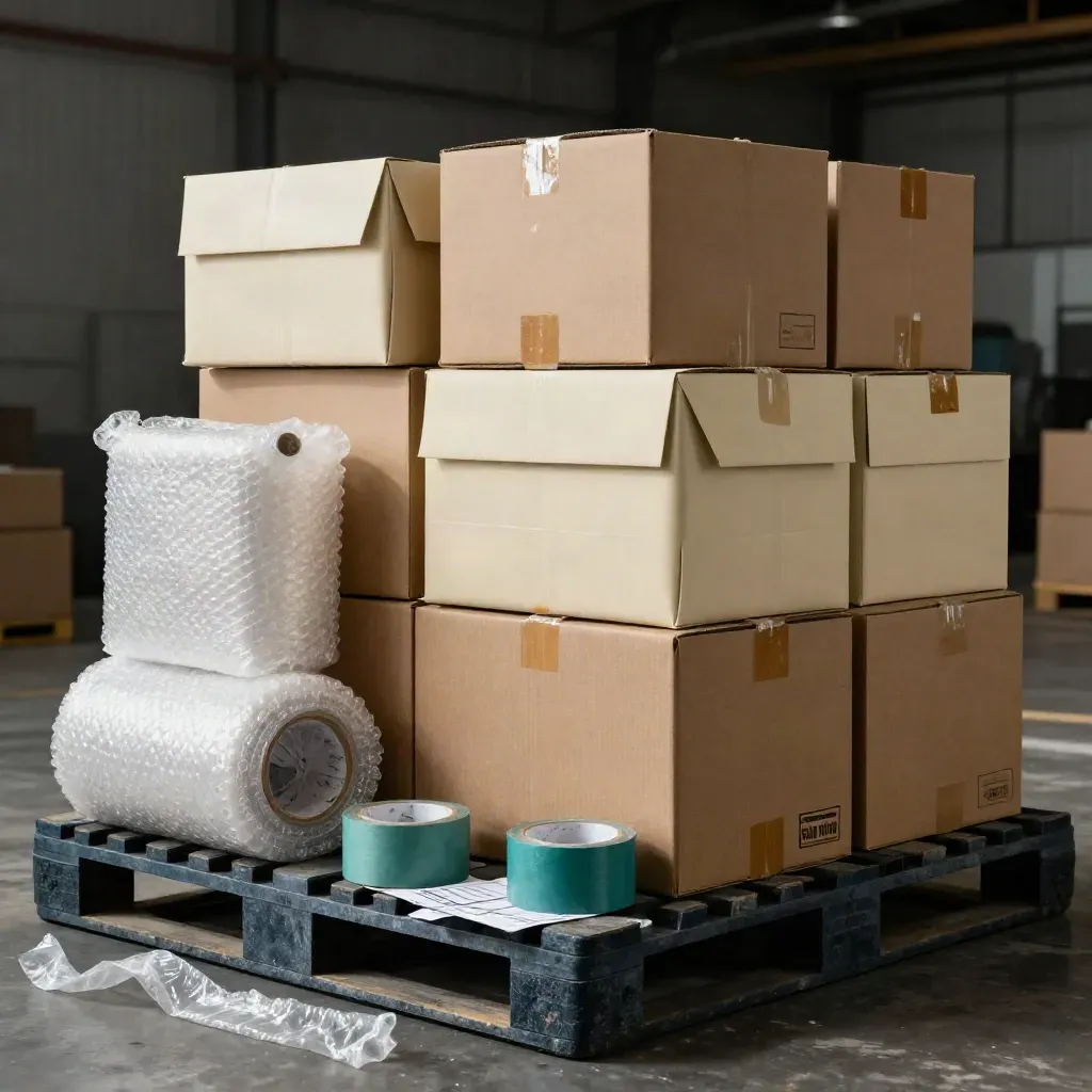 Towering bulk ship kit of boxes, mailers, tape and bubble wrap on a dark warehouse pallet