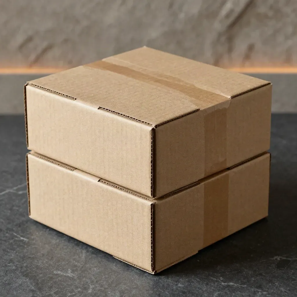 Macro of nested kraft shipping boxes stacked on dark stone with dramatic light