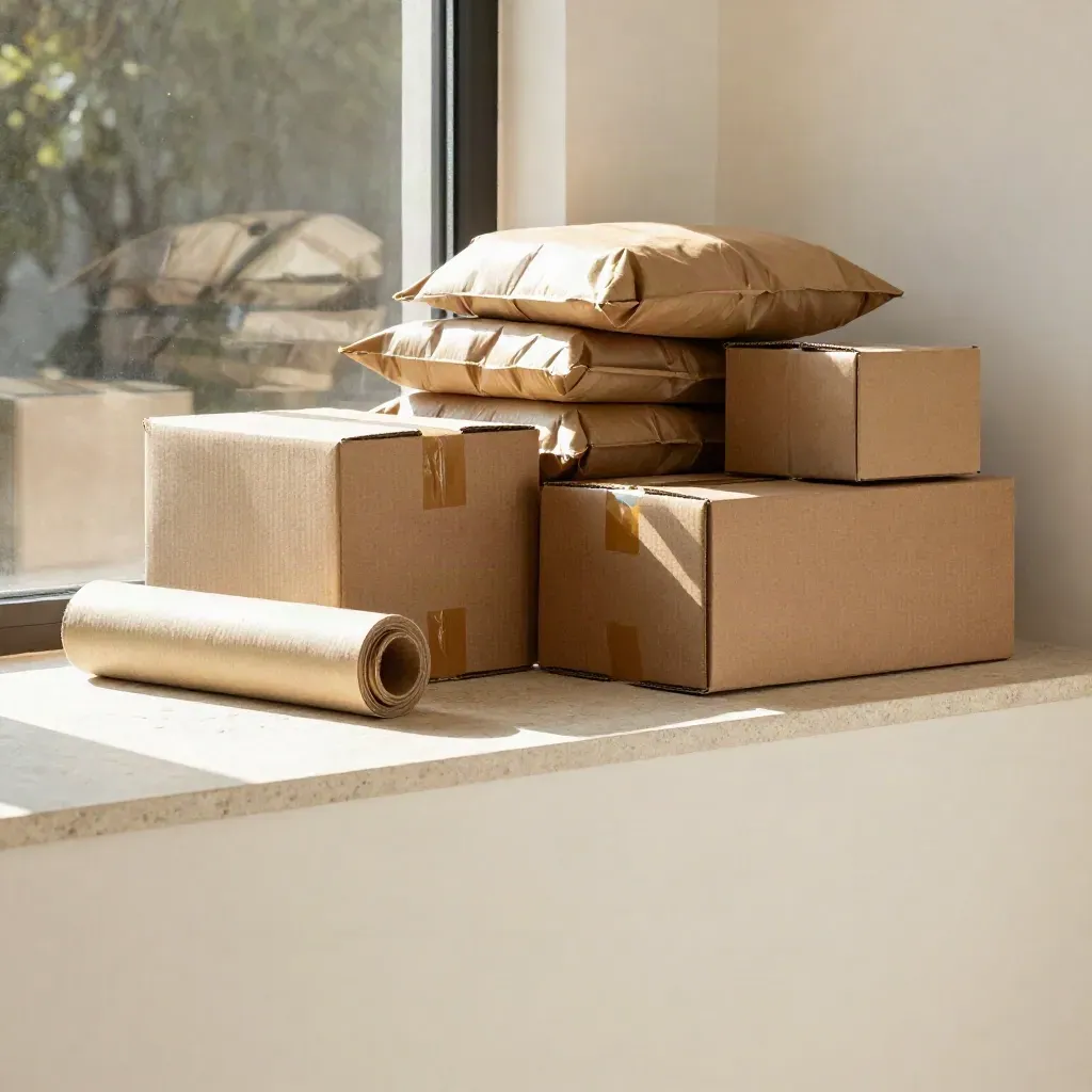 Sunlit packing corner with boxes, padded mailers, kraft wrap, and stone worktop