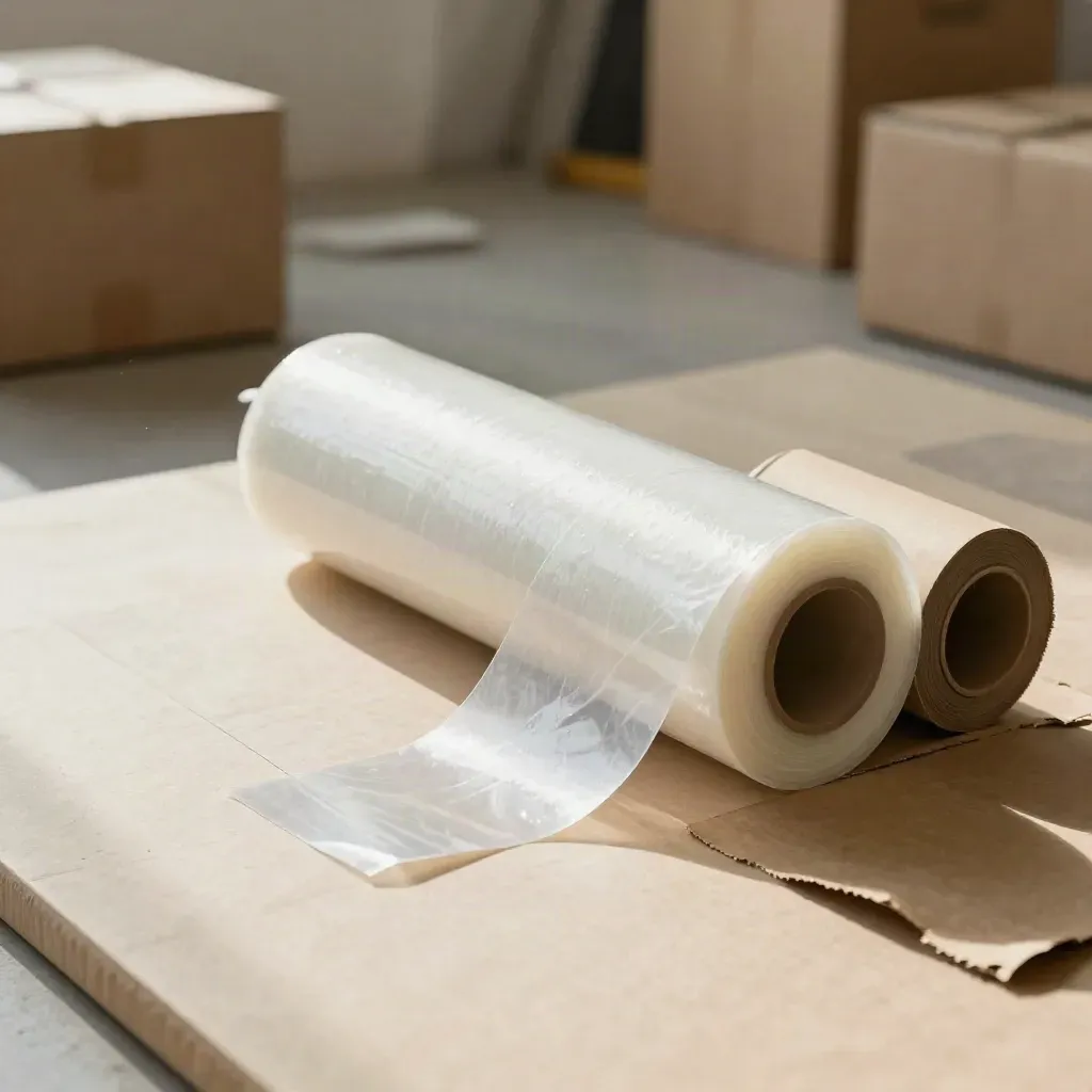 Stretch wrap roll unwinding beside a kraft carton on a packing platform.