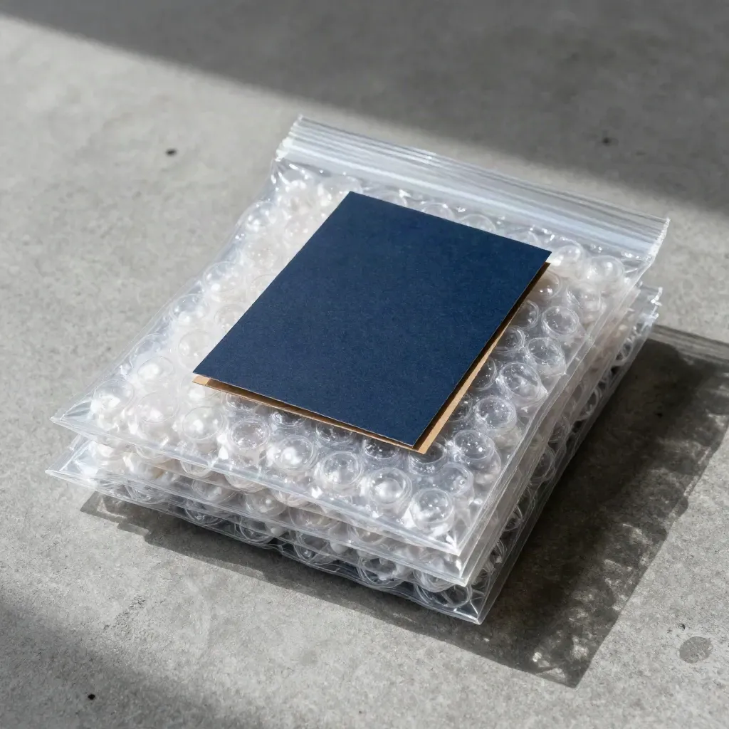 Top-down flatlay of clear bubble cushion pouches on graphite concrete with a navy accent card.