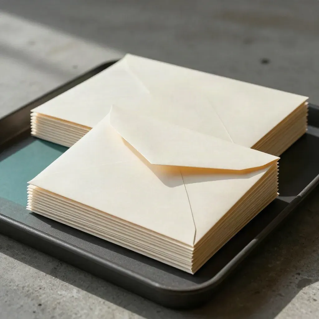 Blank document envelopes stacked on a dark tray with a subtle teal edge glow.