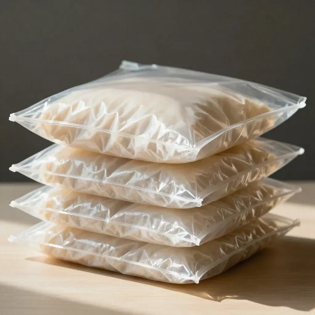 Clear moving storage bags stacked neatly on pale wood, close-up with soft light and a garment silhouette.