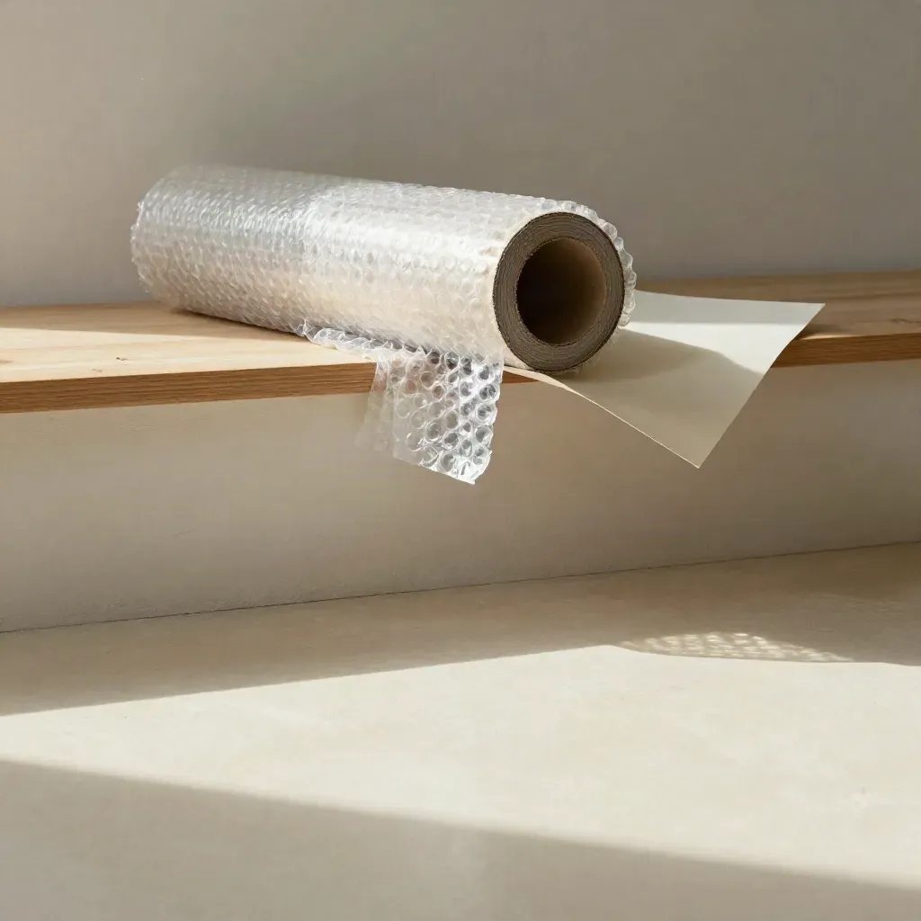 Bubble wrap, box edge, and paper sheets on a sunlit packing ledge in a calm airy interior