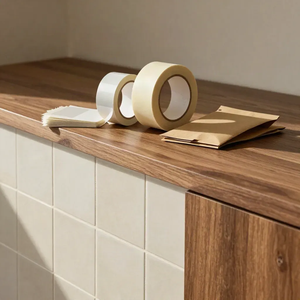Tape rolls, blank labels, and a folded mailer on walnut wood by tiled wall.
