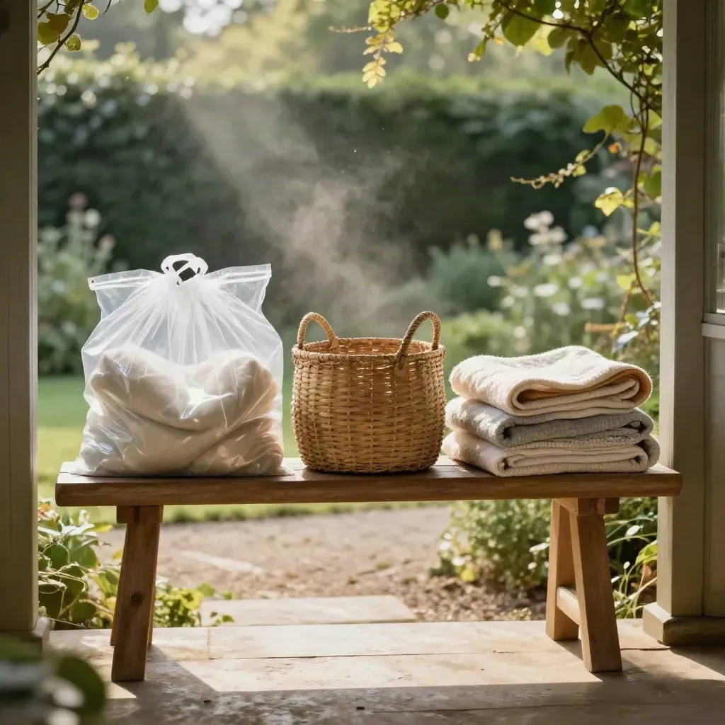 Storage bags and baskets on a cedar bench in a sunlit garden-shed threshold.