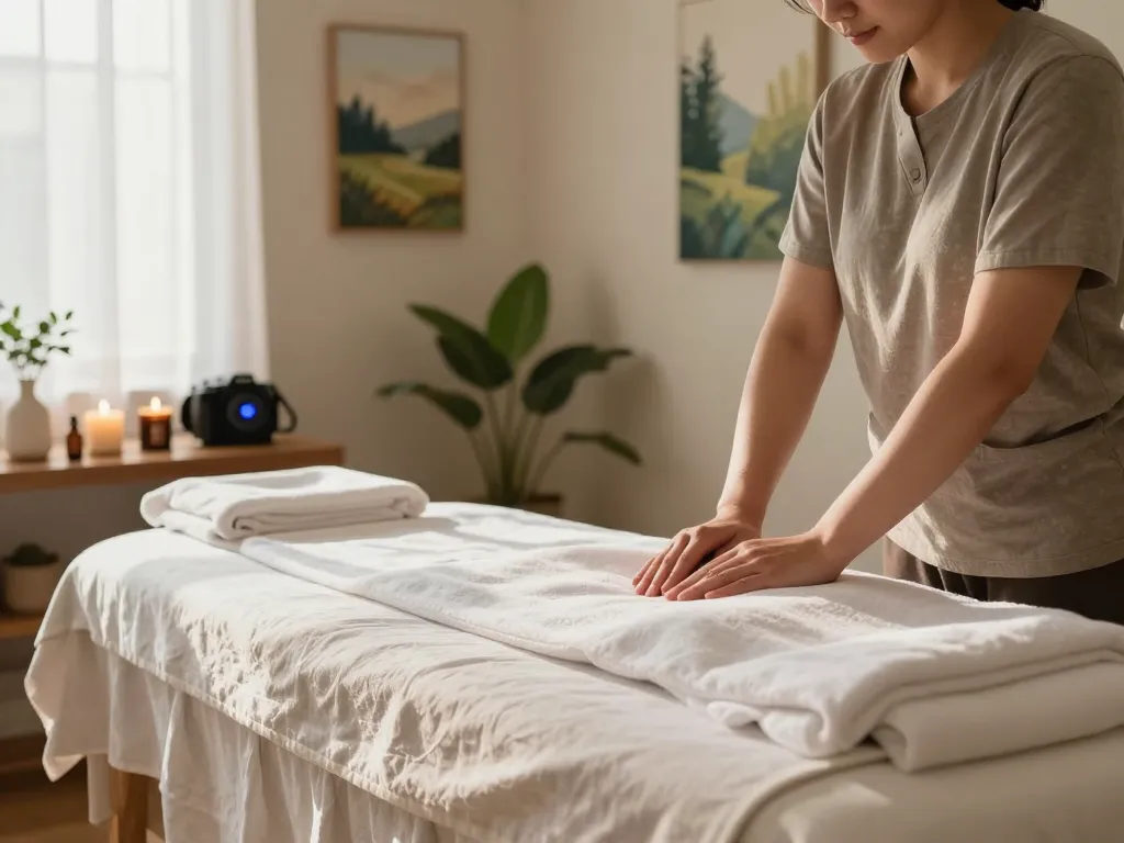 Relaxing 출장안마 session in a serene wellness therapy room with calming elements.