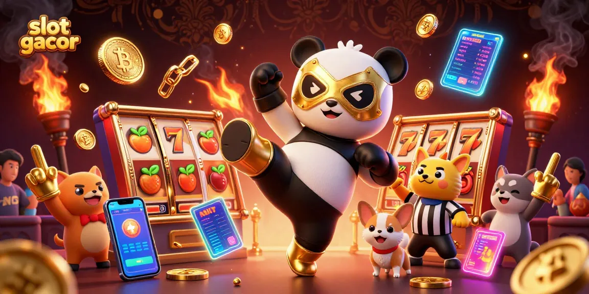 Engage with slot gacor in an energetic scene with a panda wrestler and animal fans amidst jackpot symbols and crypto coins.