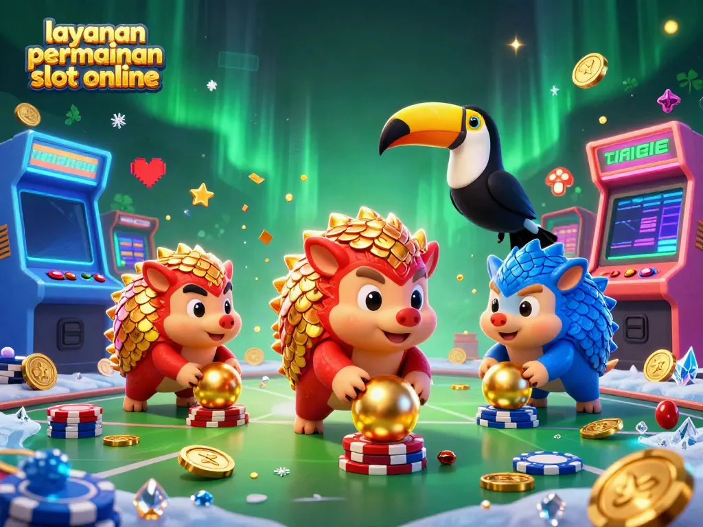 Memenangkan layanan permainan slot online dengan pangolins berkompetisi dan mesin slot berkilau pada latar belakang yang cerah.