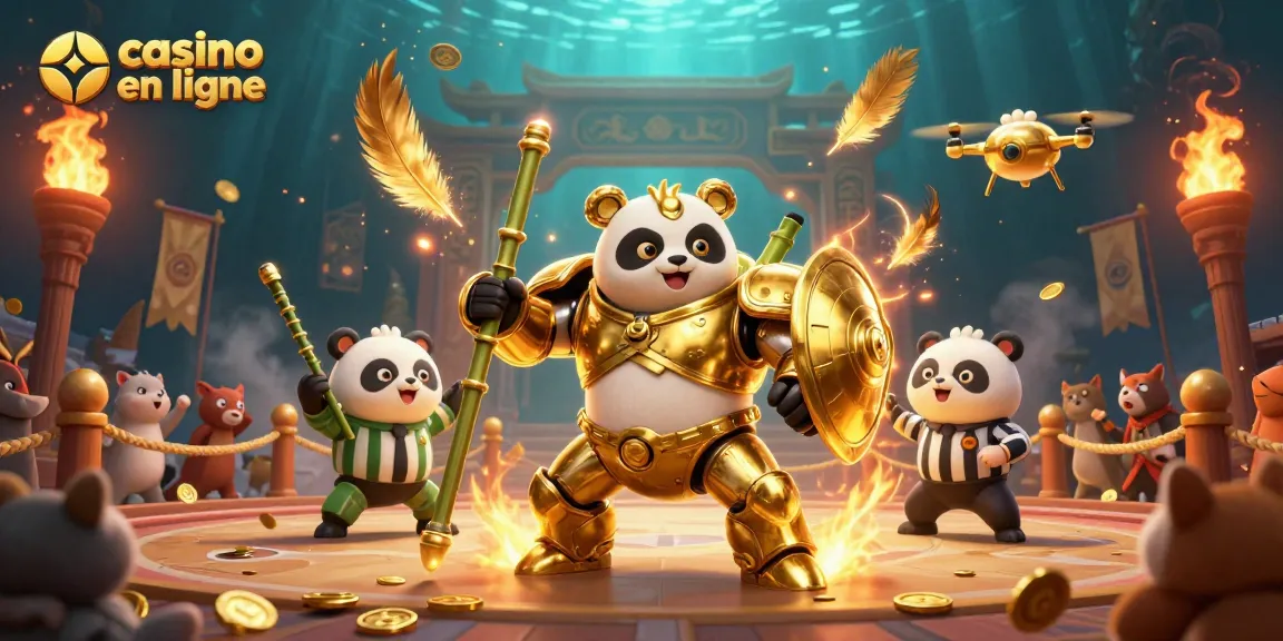 Profitez d'un jeu immersif de casino en ligne où un panda pilote un robot au milieu d'une compétition