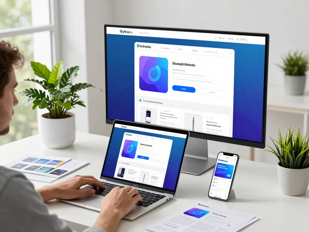 Engaging workspace featuring Myfairplay app download on laptop and smartphone in bright setting.