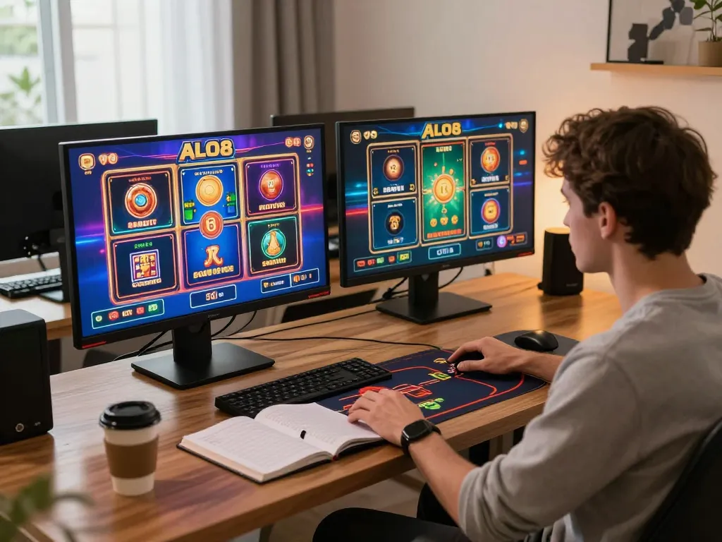 Player engaging in ALO8 online gaming with multiple screens showing exciting casino games.
