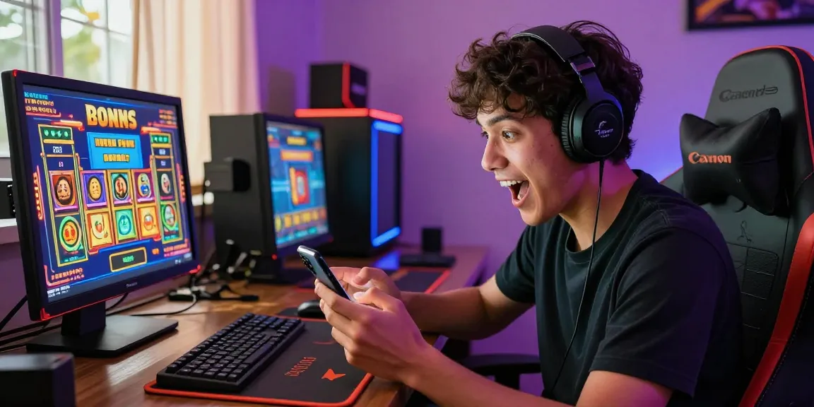 Player enjoying online slots with deposit pulsa tanpa potongan, showcasing excitement in a vibrant gaming setup.