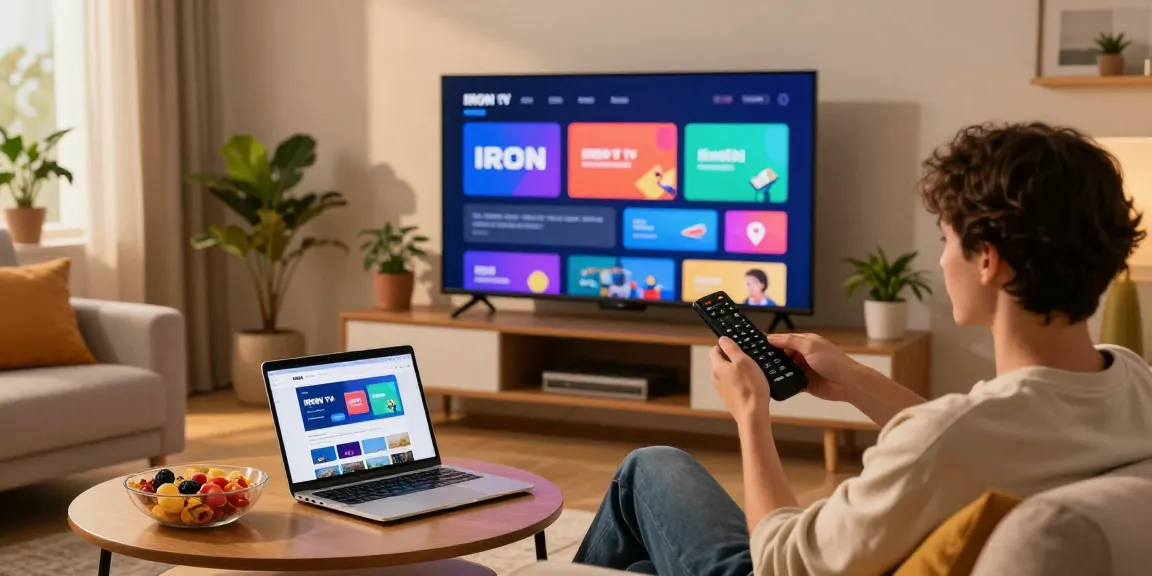 Utilisateur profitant d'IRON TV sur un téléviseur dans un salon accueillant
