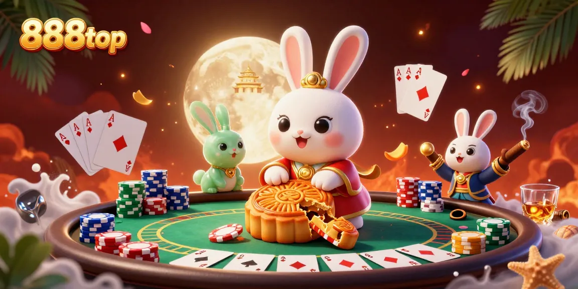 Experience 888top as the moon rabbit reveals poker chips from mooncakes in this vibrant casino scene.