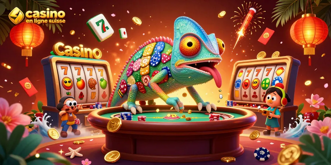 La scène dynamique de casino en ligne suisse où un caméléon géant surveille les jeux tout en attrapant des pièces d'or.