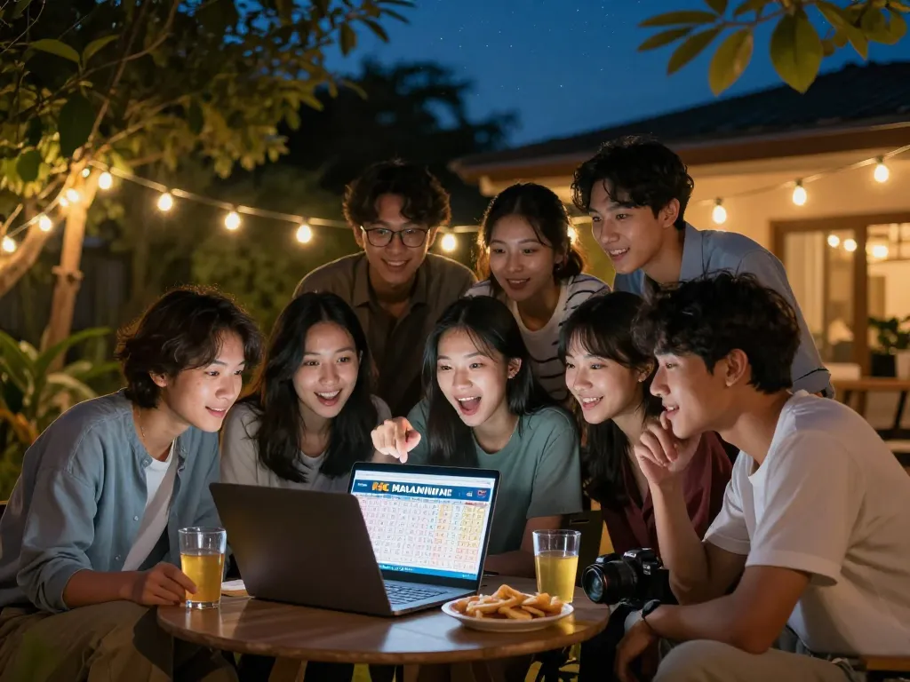 Friends excitedly watching HK Malam Ini results on a laptop, cozy backyard setting.