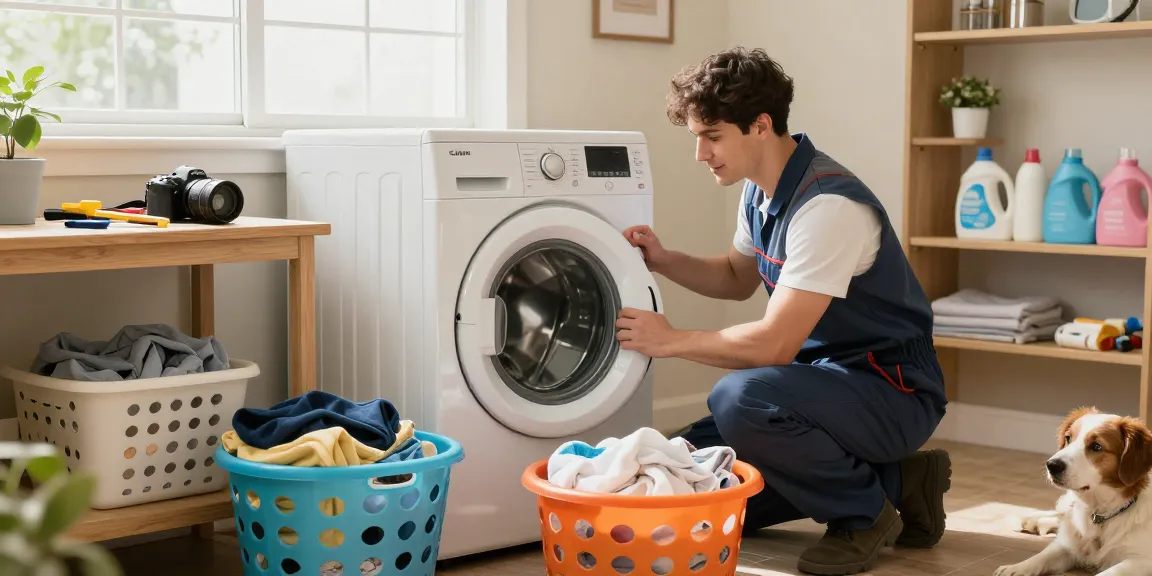 Expert technician providing Dryer Repair service in a warm home laundry room.