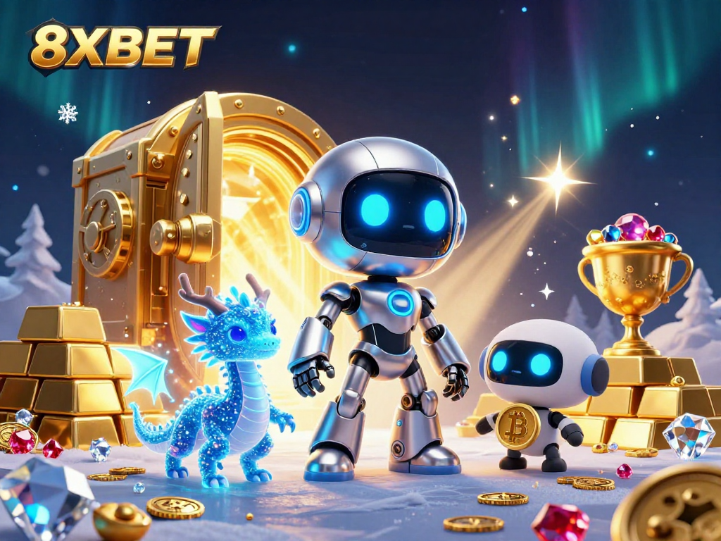 Engage in thrilling gameplay at 8XBET with neon robot party amidst treasure and wins.