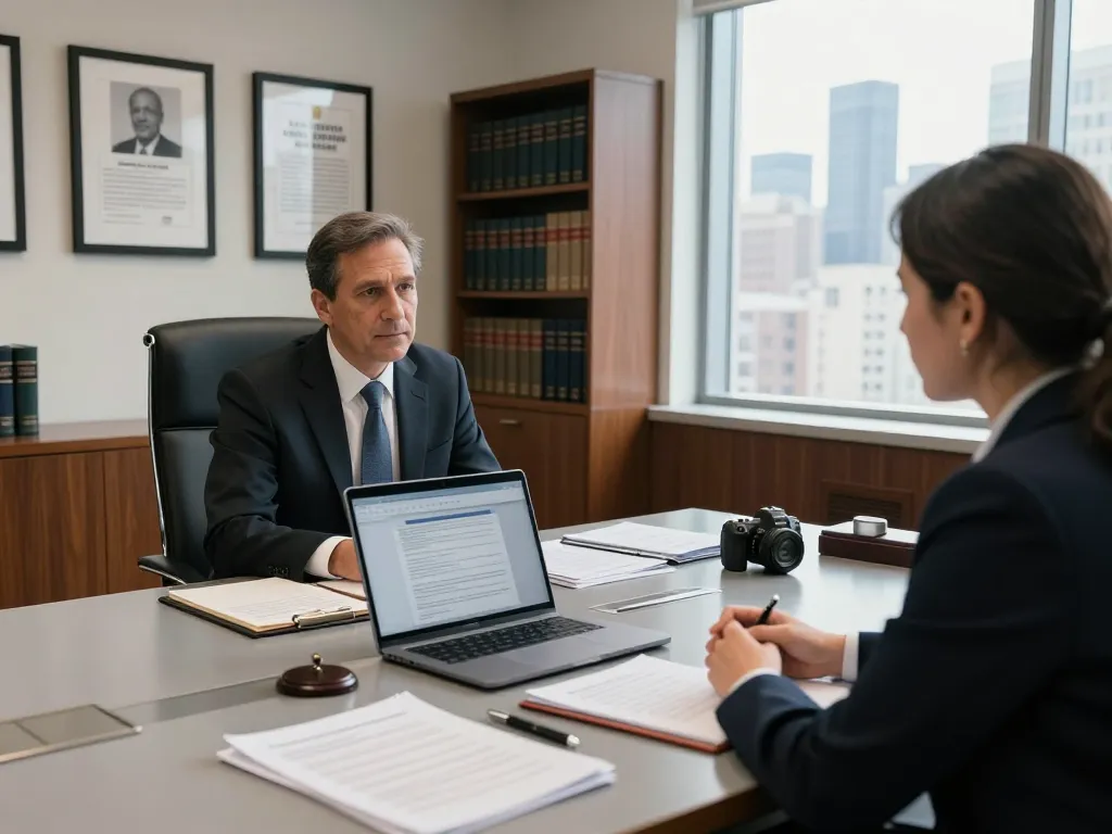 New York City Personal Injury Lawyer consulting with a client in a modern law office.