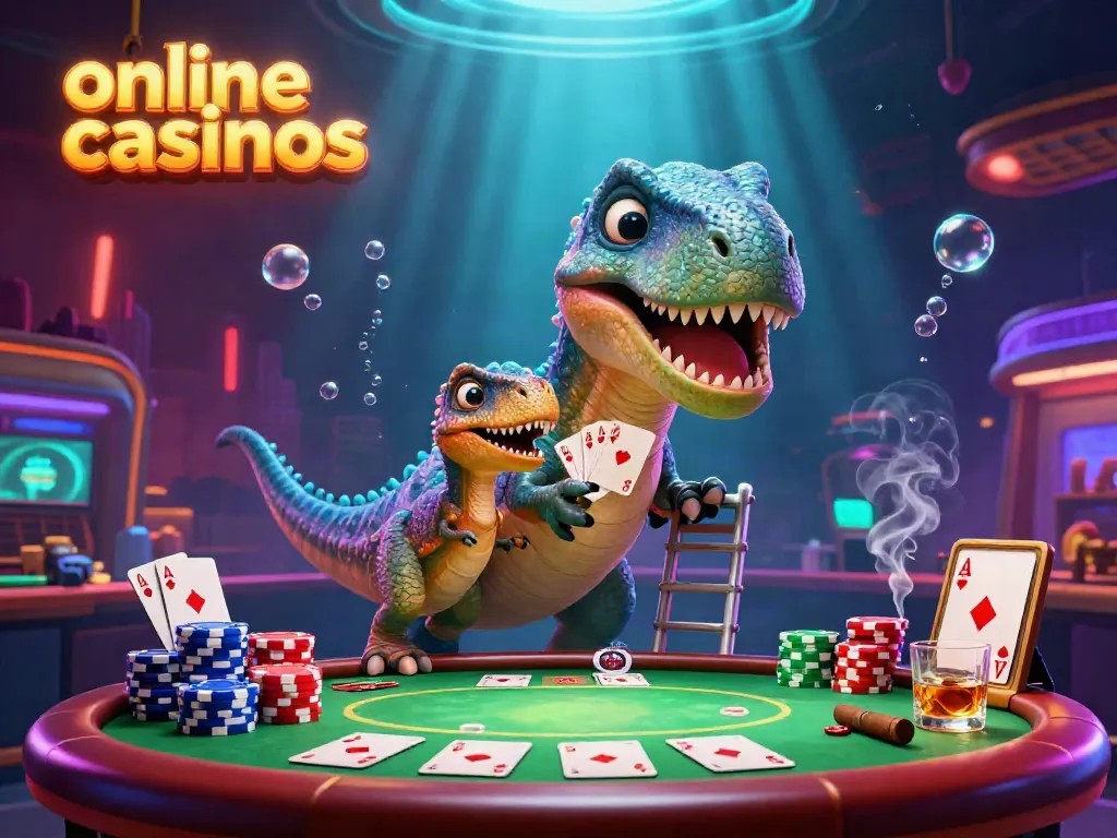 Experience online casinos with a towering brontosaurus as a charming raptor deals cards, surrounded by vibrant poker elements.