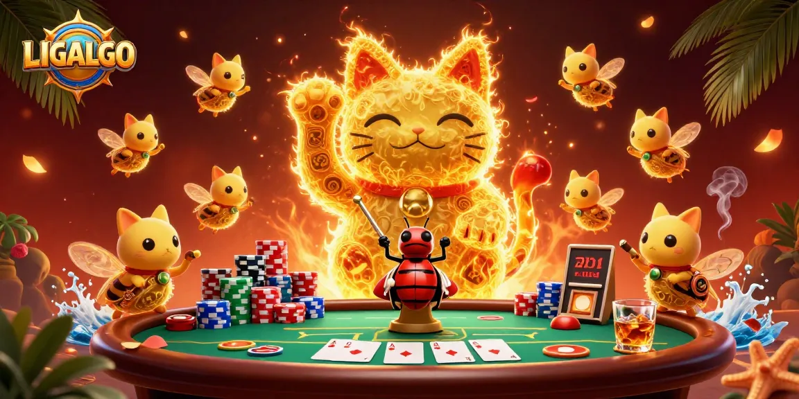 Engage in thrilling gameplay with LIGALGO as a lucky cat crafted from golden fireflies, set around poker elements.