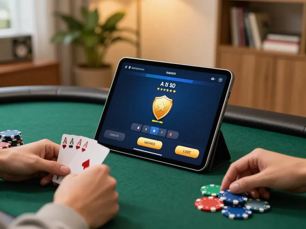 Player engages in online poker at home, showcasing o8's gaming interface and lively atmosphere
