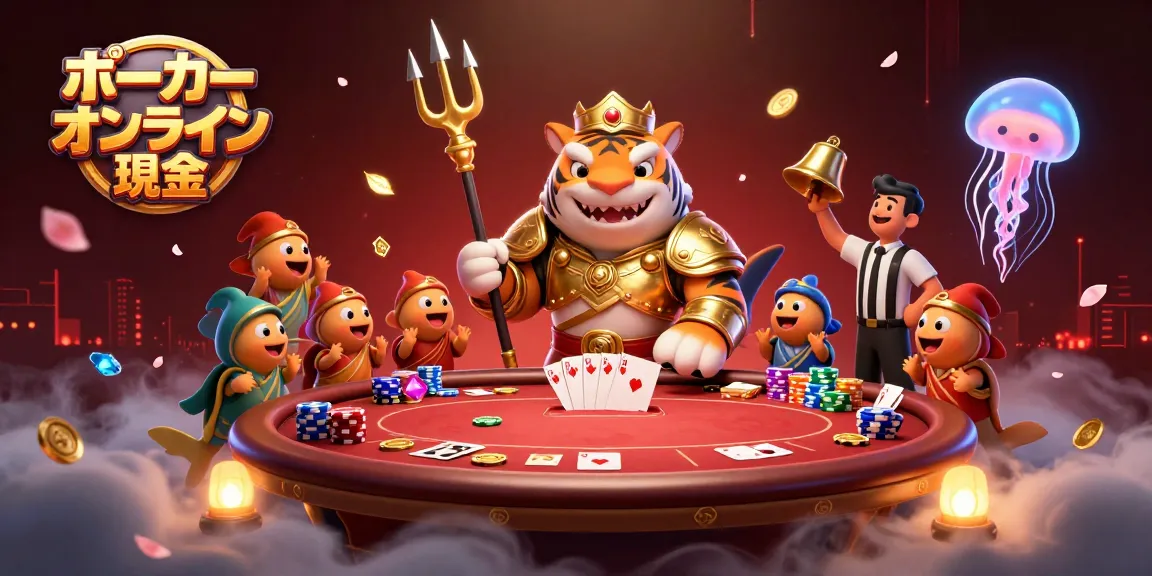 ポーカー オンライン 現金で楽しむゲームのシーン、豪華なポーカーテーブルとキャラクターたちが描かれています。