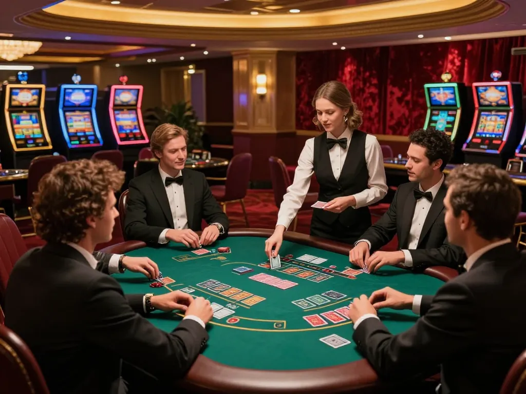 23win players strategizing at an elegant blackjack table in a luxurious casino setting.