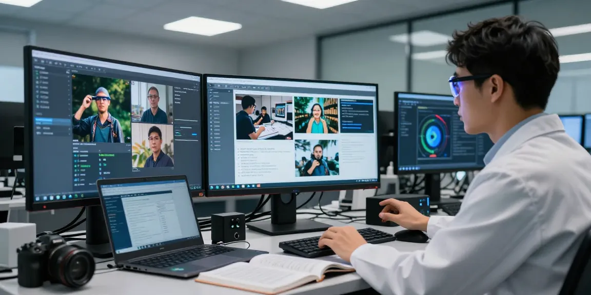 AI detector in action with a data scientist analyzing image authenticity through a high-resolution monitor.