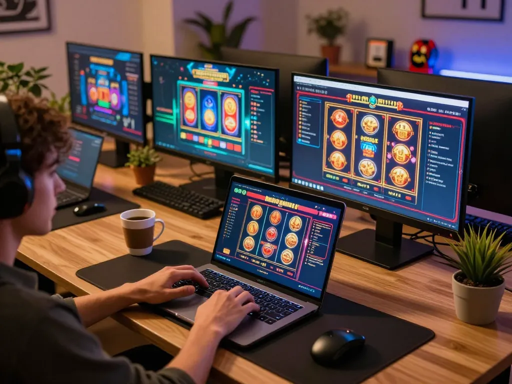 Engaged player exploring the best widget store for online casino games on laptop, showcasing vibrant gaming setup.