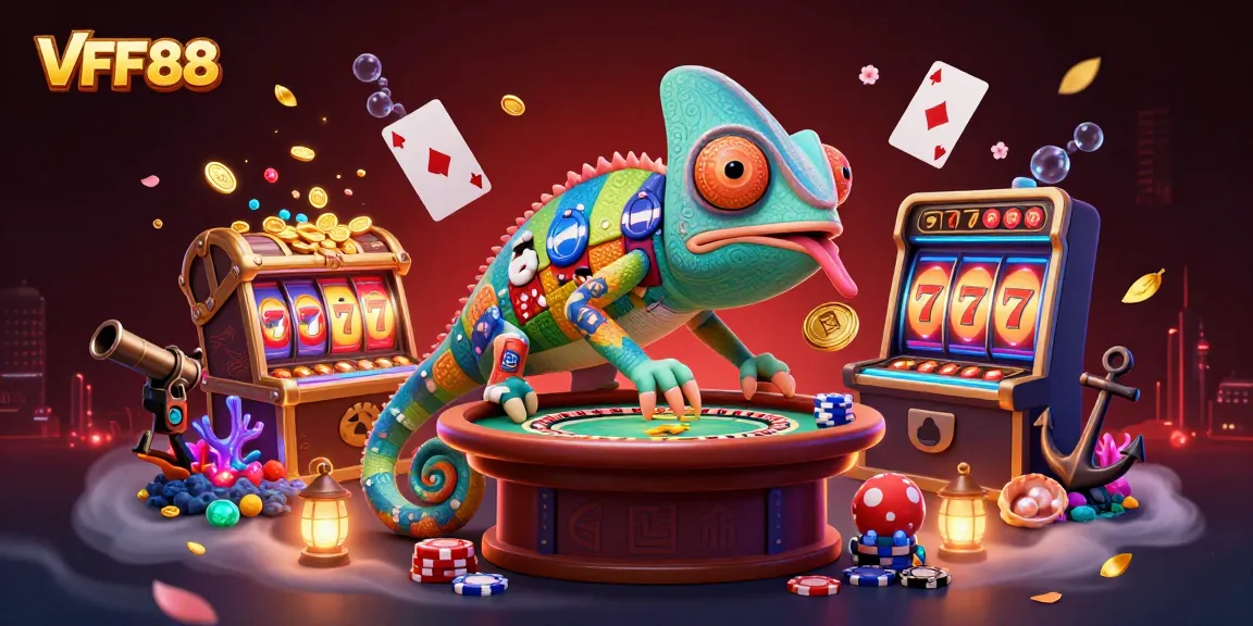 Experience the vibrant world of VFF88 with colorful slot reels and a dynamic chameleon casino owner.