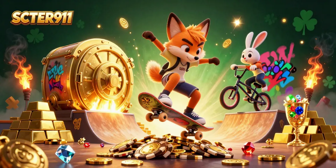 Experience thrilling gaming action with SCATTER911, featuring a skateboarder fox and BMX rabbit in a casino-inspired scene.