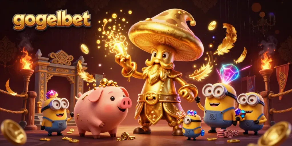 Gogelbet menampilkan pengalaman kasino yang mengesankan dengan ilustrasi tongkat ajaib dan pig truffle mencari keberuntungan.