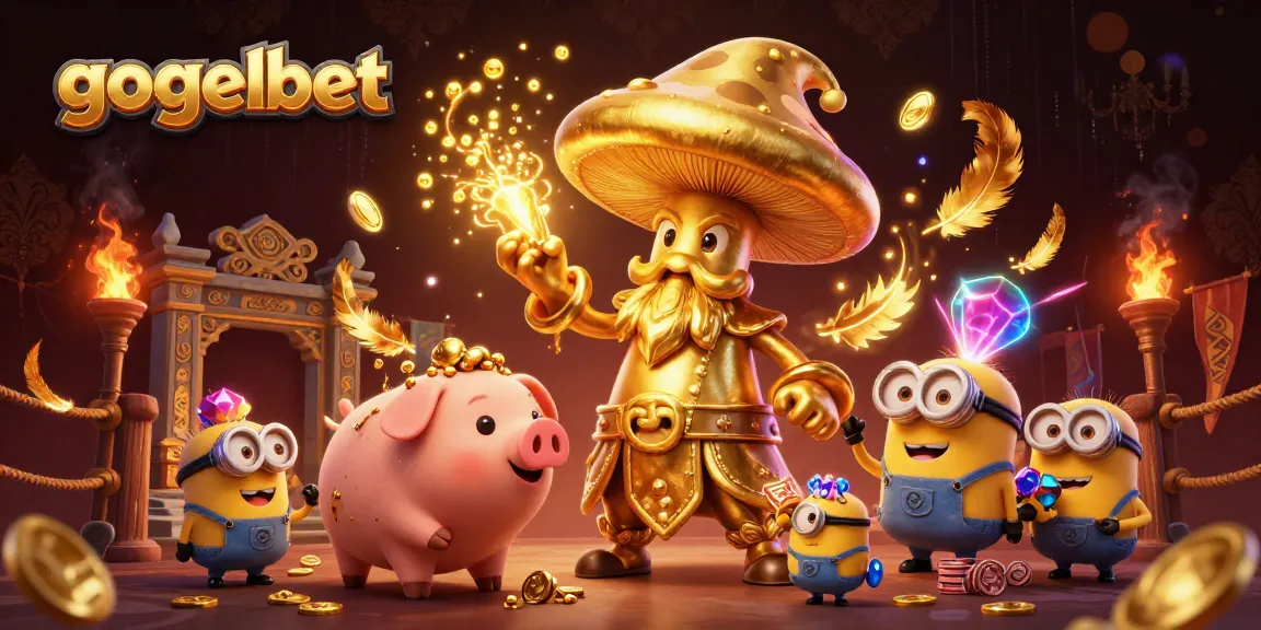 Gogelbet menampilkan pengalaman kasino yang mengesankan dengan ilustrasi tongkat ajaib dan pig truffle mencari keberuntungan.