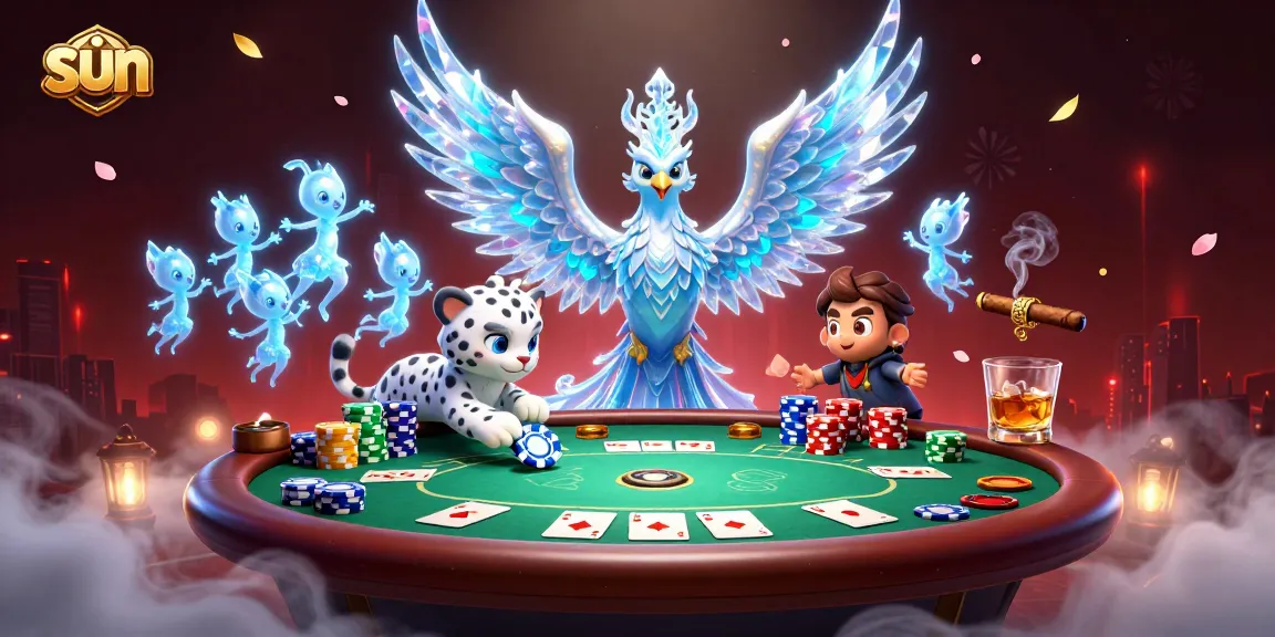 Win big in the sun with the dazzling 3D phoenix and poker game elements.