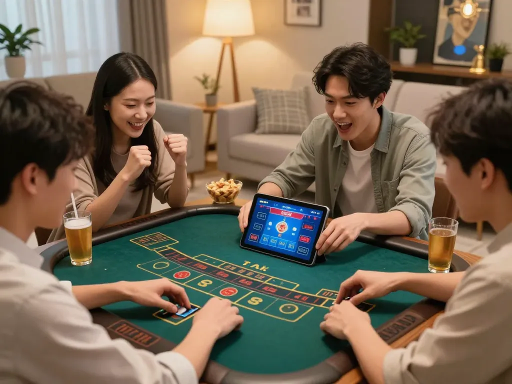 Players enjoying tài xỉu online game on tablet, showcasing a lively betting scene at home.