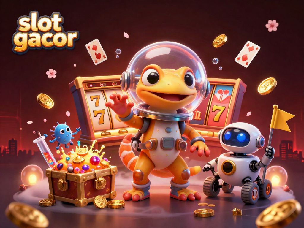 Experience exciting wins with slot gacor in this vibrant 3D casino scene featuring a Martian gecko.