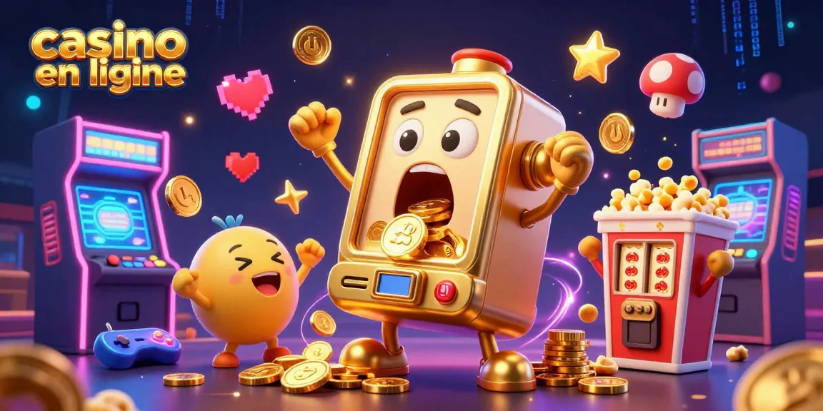 Une illustration de casino en ligne montrant une machine à sous dorée gagnant un jackpot, entourée d'éléments de jeux colorés.