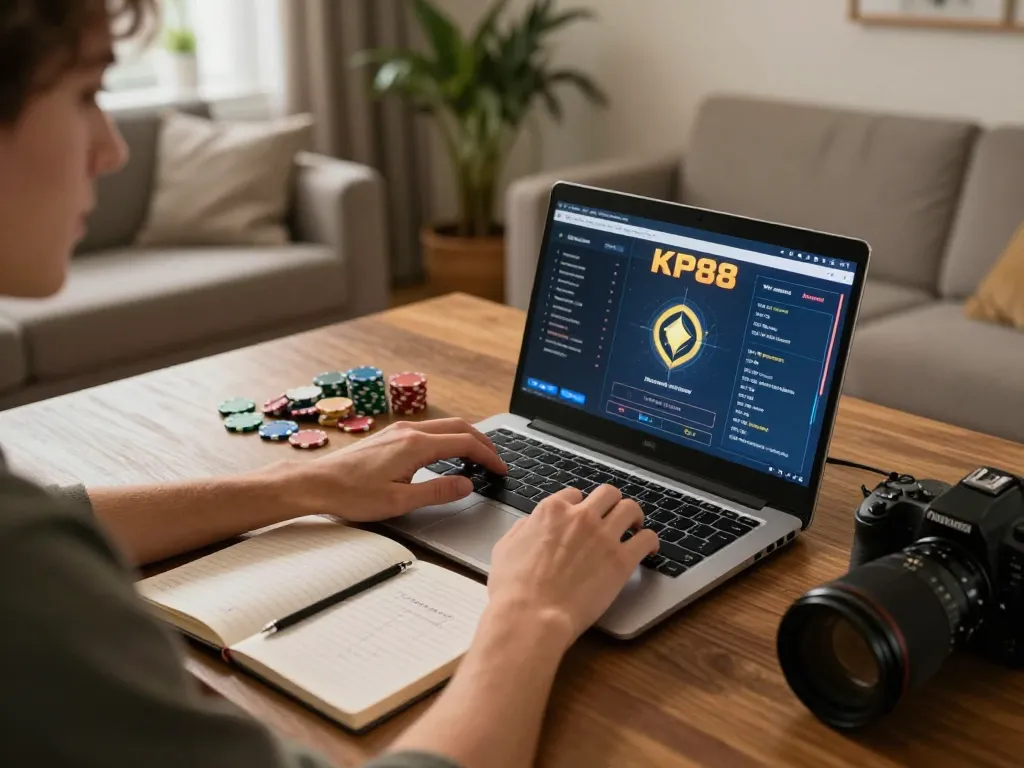 Player engaging in online casino activities using KP 88 platform on laptop with strategy notes visible