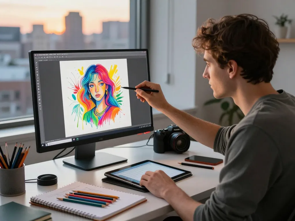 Artist using image to prompt generator in modern workspace, blending digital and traditional art tools.
