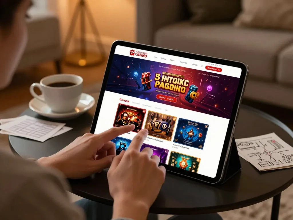 Person engaging with a tablet displaying white label casino games, showcasing strategic gaming options in a cozy setting.