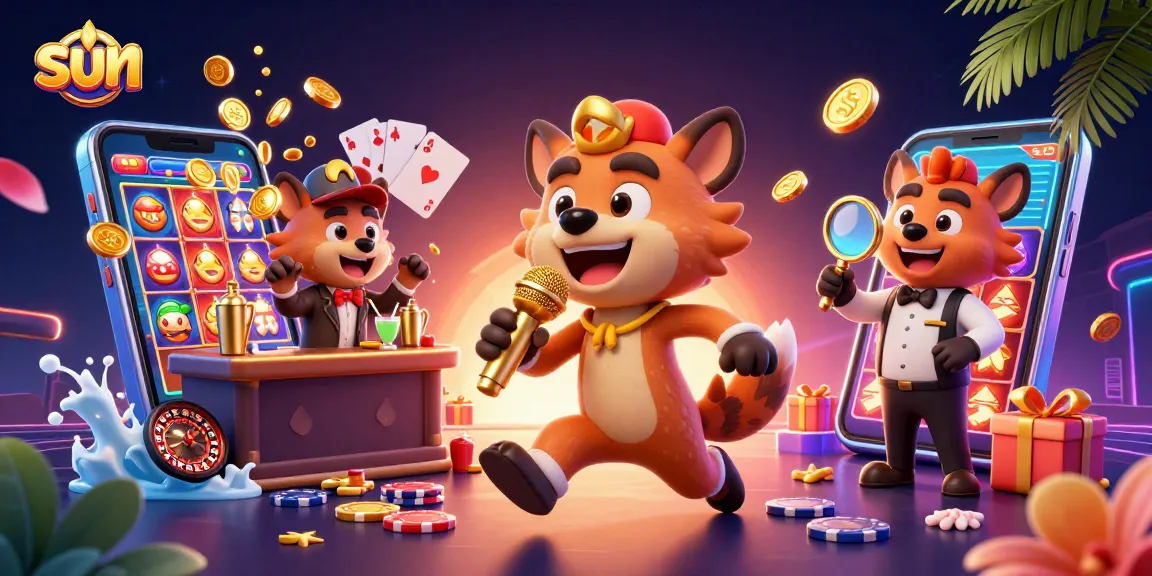 Sun-themed 3D casino illustration showcasing hyenas in comedic roles, vibrant gaming elements scattered.