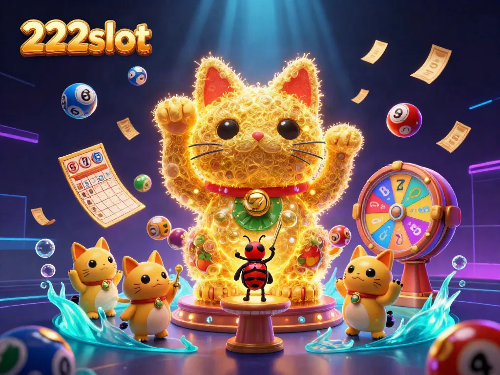 Gambar ceria 222slot menampilkan kucing keberuntungan raksasa dan bola lotere penuh warna.