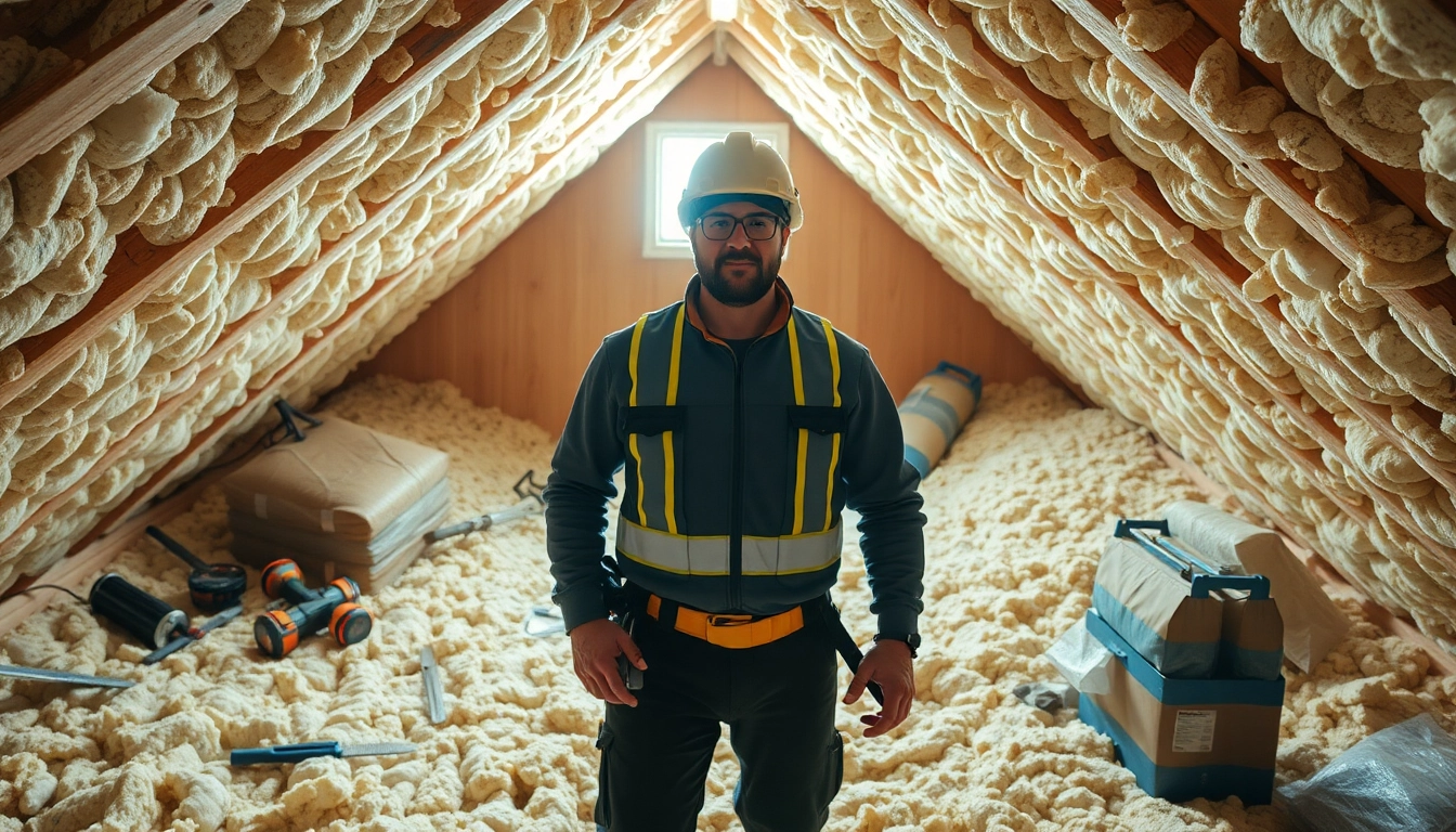 Loft insulation removal specialist safely removing insulation in a well-lit attic.