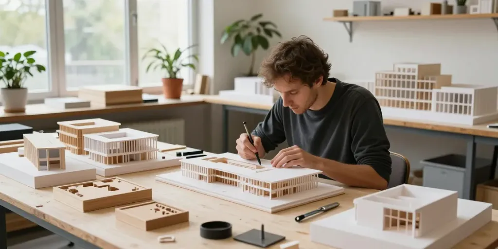 Architectural model maker Luxembourg creating detailed models in a well-lit workshop.