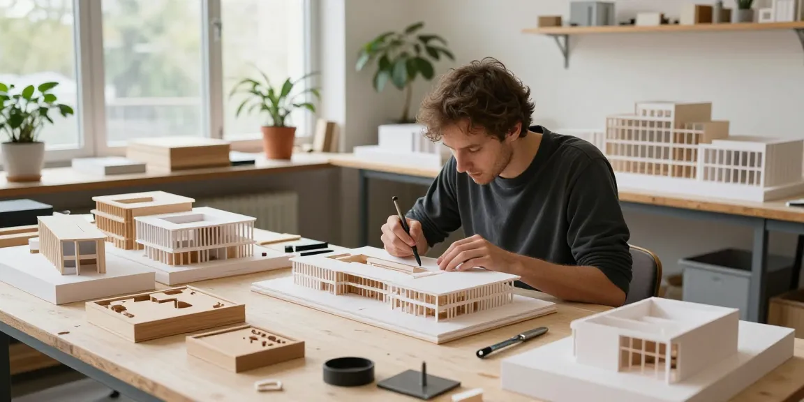 Architectural model maker Luxembourg creating detailed models in a well-lit workshop.